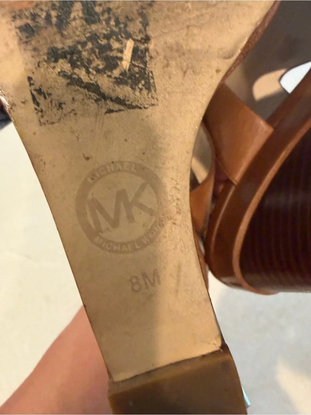 Michael Kors Cognac Leather Cutout Wedge Sandals with Gold Buckle